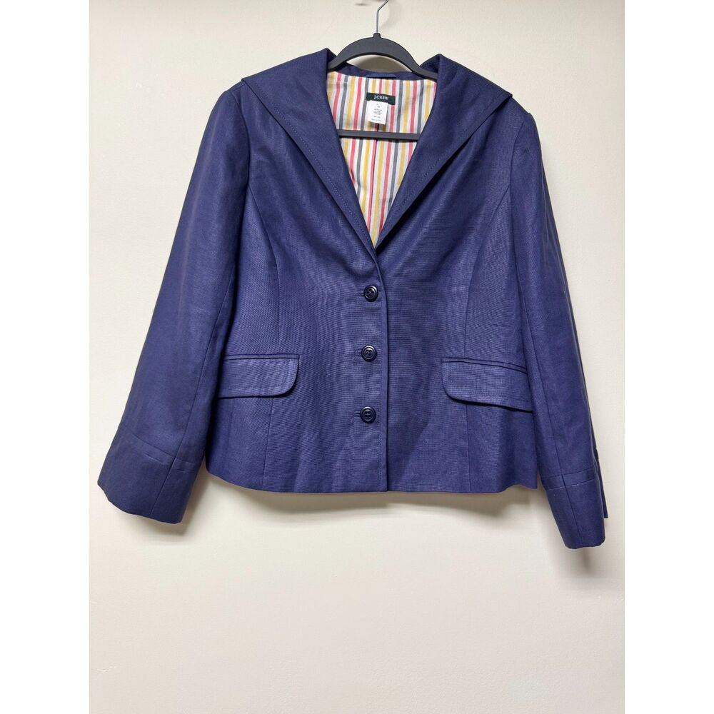J. CREW 100% Linen Nautical Navy Blue Sailor Style Blazer, Silk/Cotton Lining 12